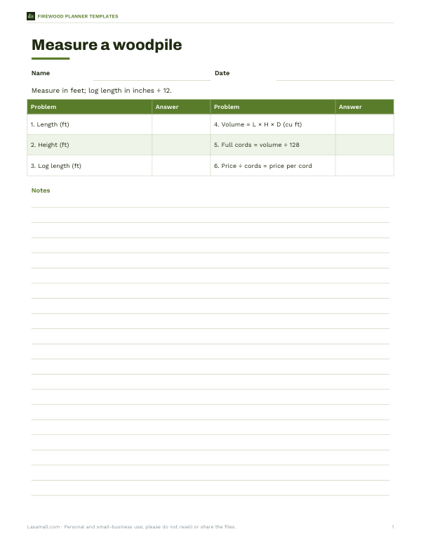 Preview of Printable Firewood Measurement Worksheet